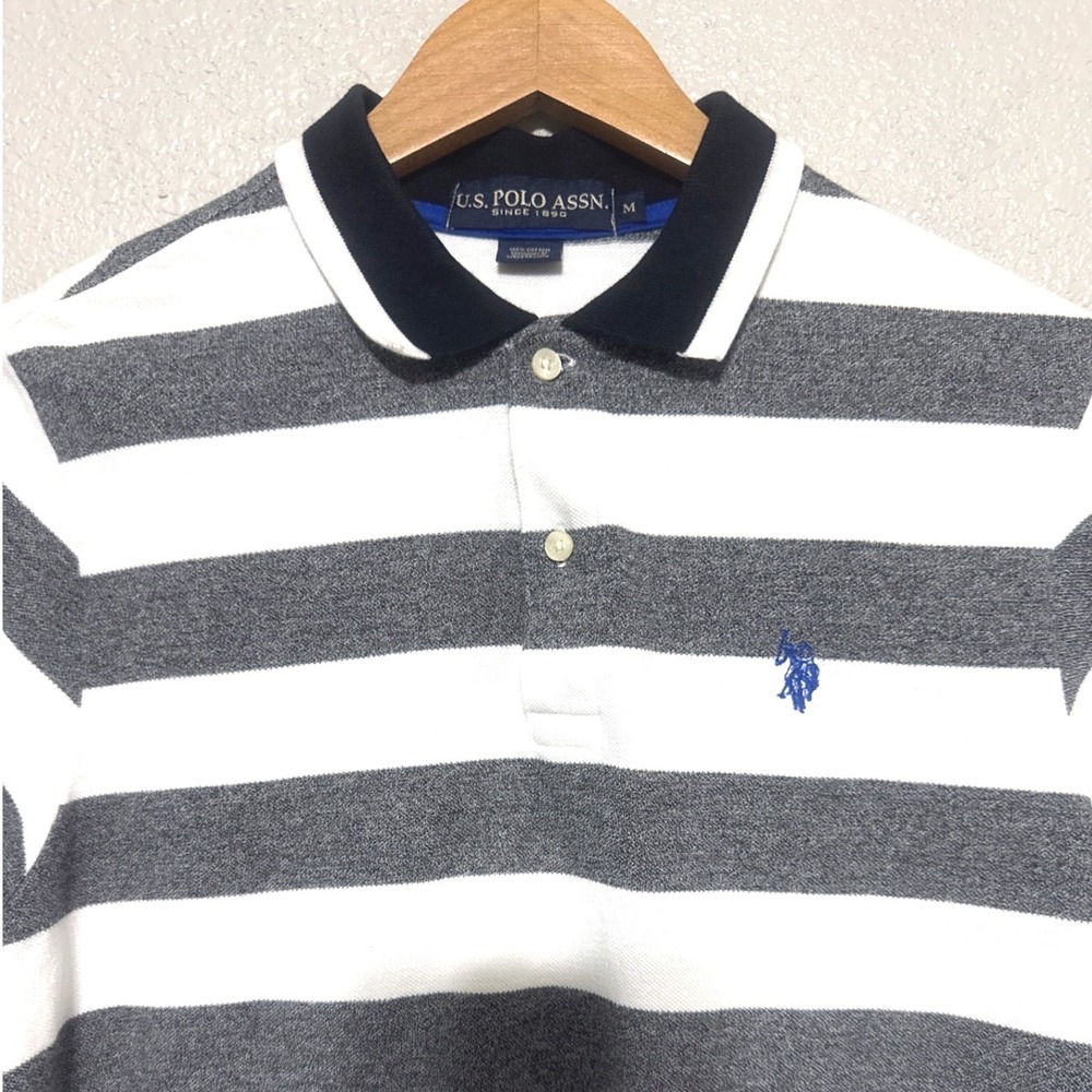US Polo‎ Assn Striped Polo Button Shirt Mens Medium White Grey Pony Logo Prppy - Picture 3 of 6